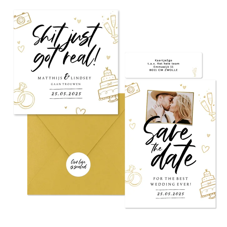 Grappige set met gouden doodle ilustraties