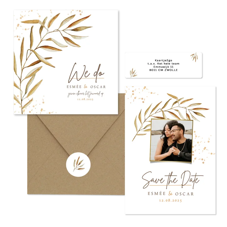 Bohemian trouwset gedroogd takje met goud