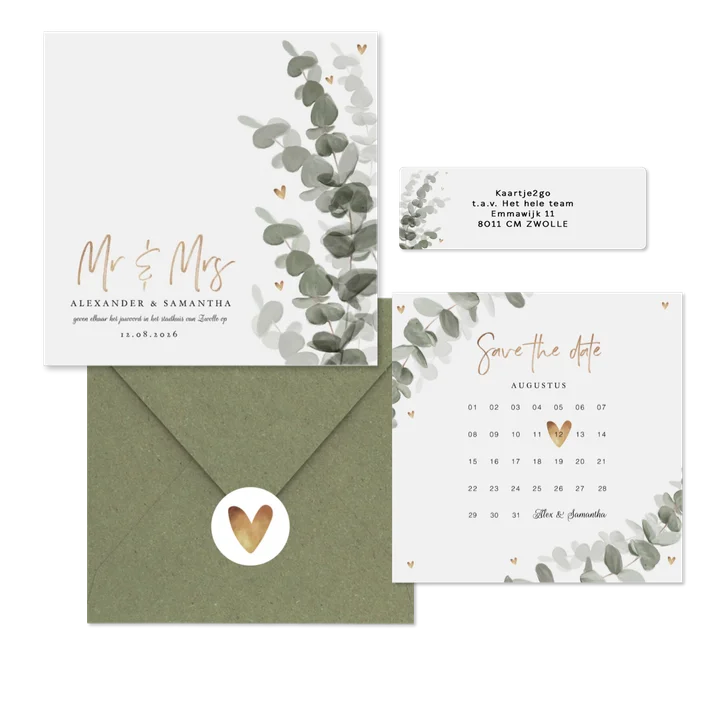 Botanische trouwset eucalyptus met goud