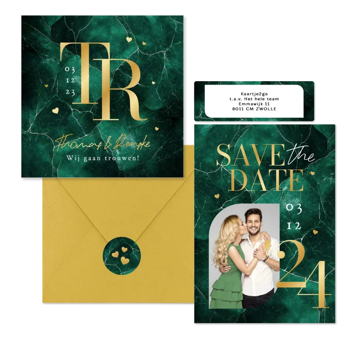 Trouwset groen marmer goud hartjes chique