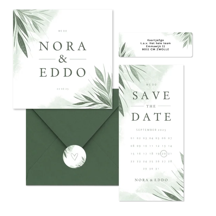 Waterverf trouwset jungle bladeren stijlvol