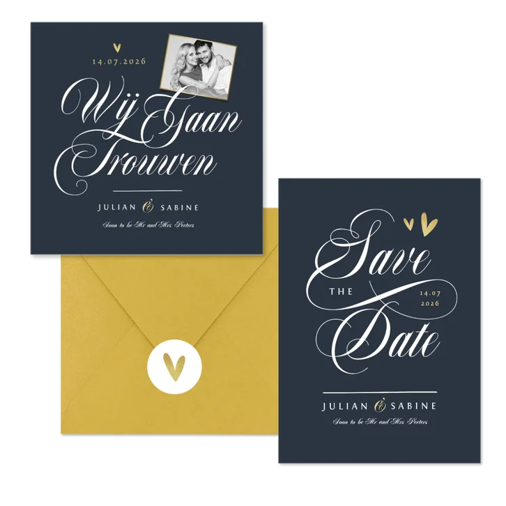 Chique kalligrafie trouwkaarten set met goud