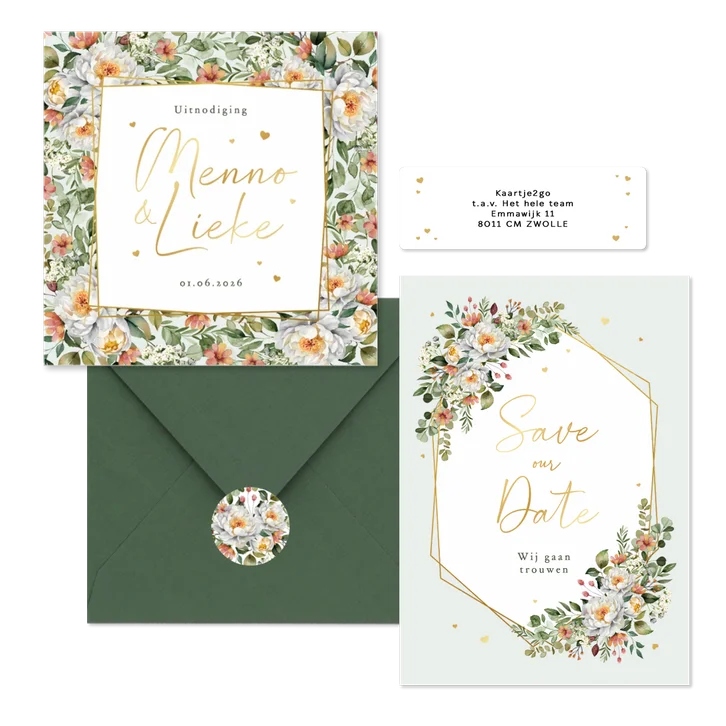 Trouwkaarten romantisch stijlvol bloemen klassiek boeket hartjes