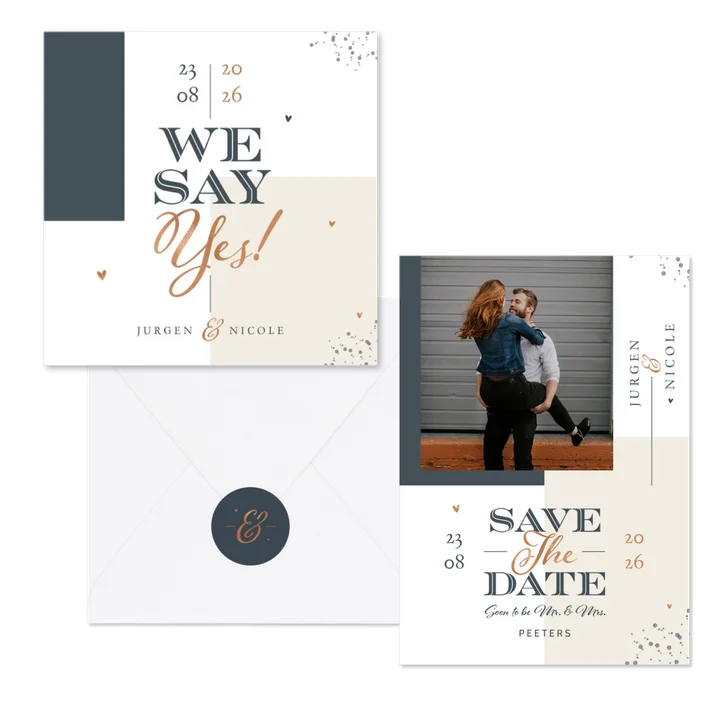 Moderne trouwset met grafische vlakverdeling