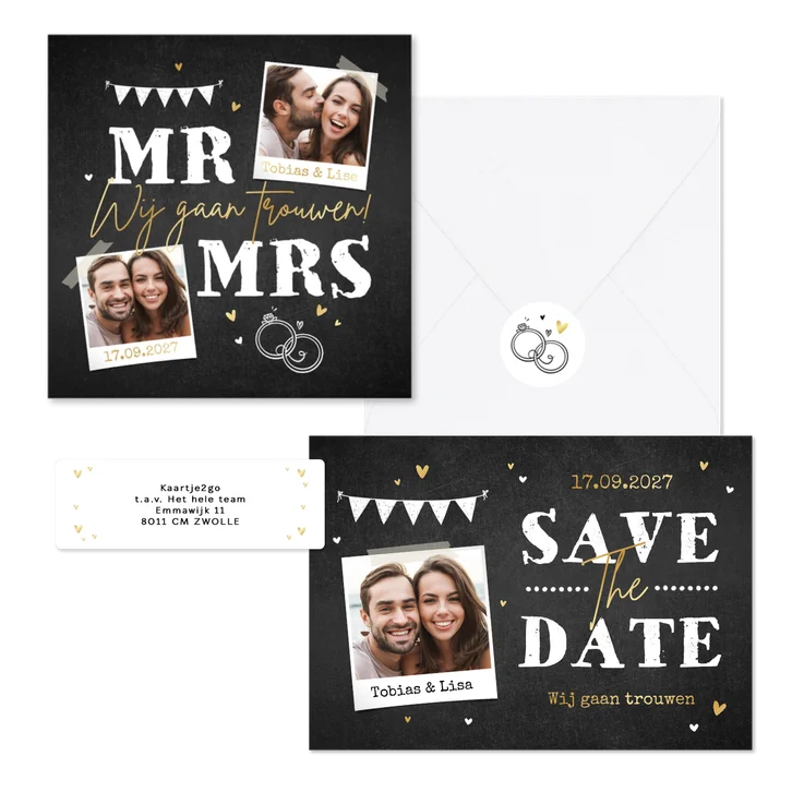 Trouwkaartenset krijtbord stoer goud foto's