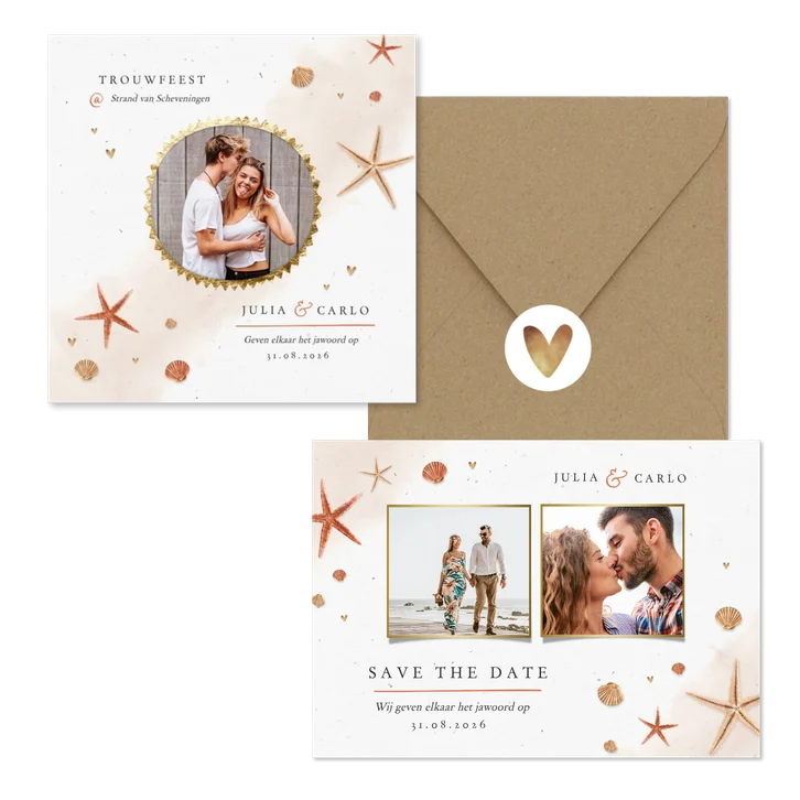 Trouwset strand met schelpen en zeesterren