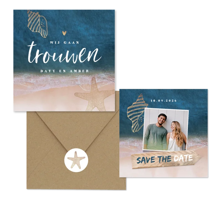 Unieke trouwkaartenset strandthema met goud