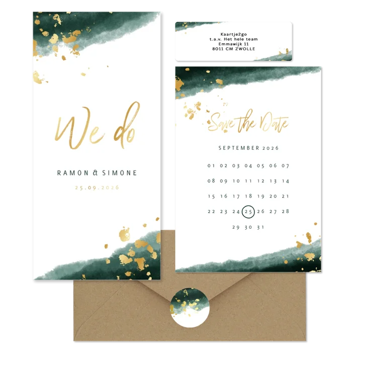 Trouwset wit met groene waterverf tekst goud