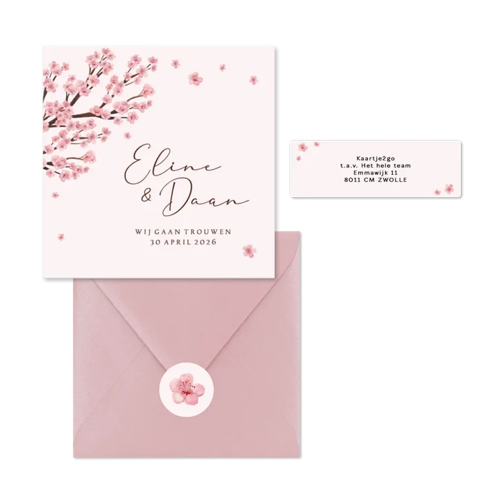 Trouwkaarten set kersenbloesem lente romantisch