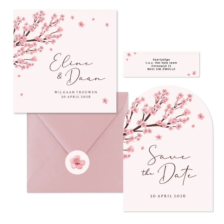 Trouwkaarten set kersenbloesem lente romantisch