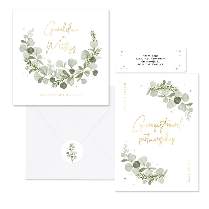 Eucalyptus trouwset goud hartjes spetters