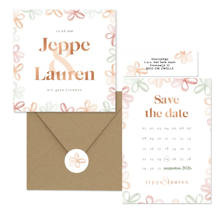 Trouwset met gekleurde waterverf bloemetjes