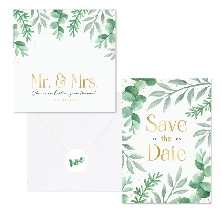 Trouwset eucalyptus bladeren goud hartjes