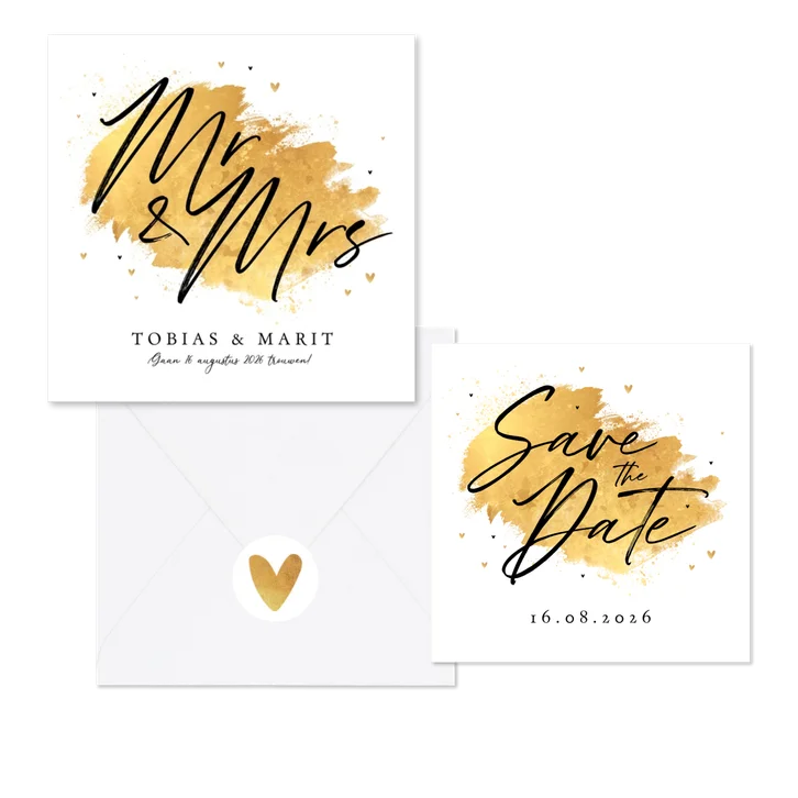 Trouwkaartenset met gouden verf en hartjes