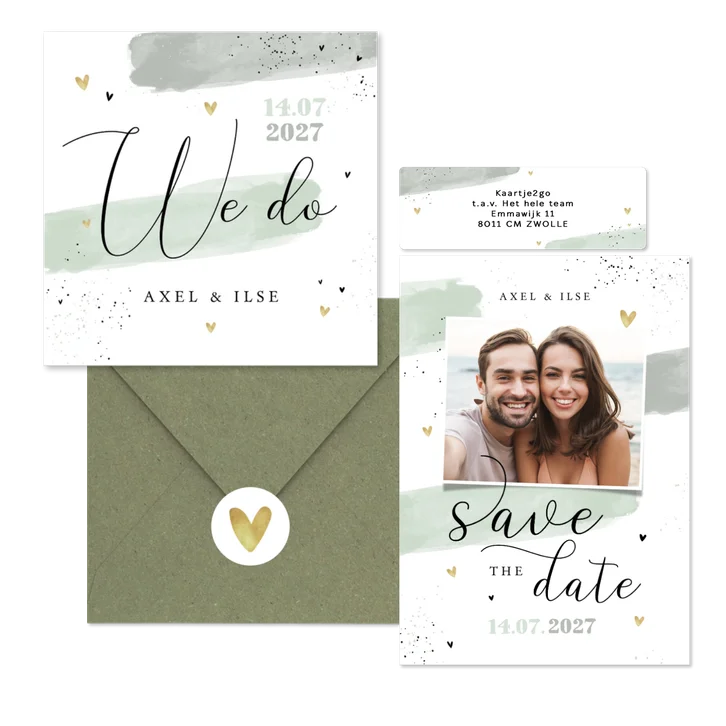 Trouwkaartenset groene waterverf met hartjes