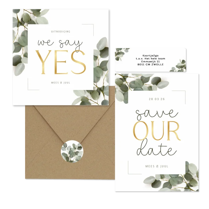 Trouwkaartenset eucalyptus met kader en goud