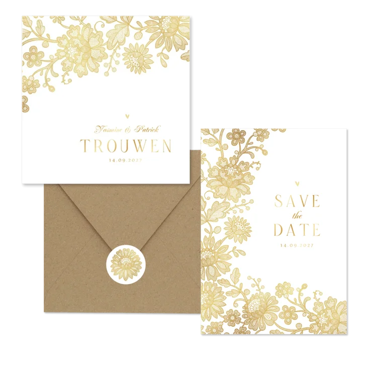 Trouwset klassiek vintage goud kant bloemen