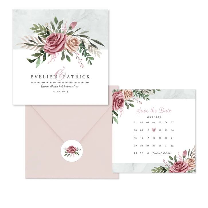 Trouwkaarten stijlvol aquarel rozen en takjes
