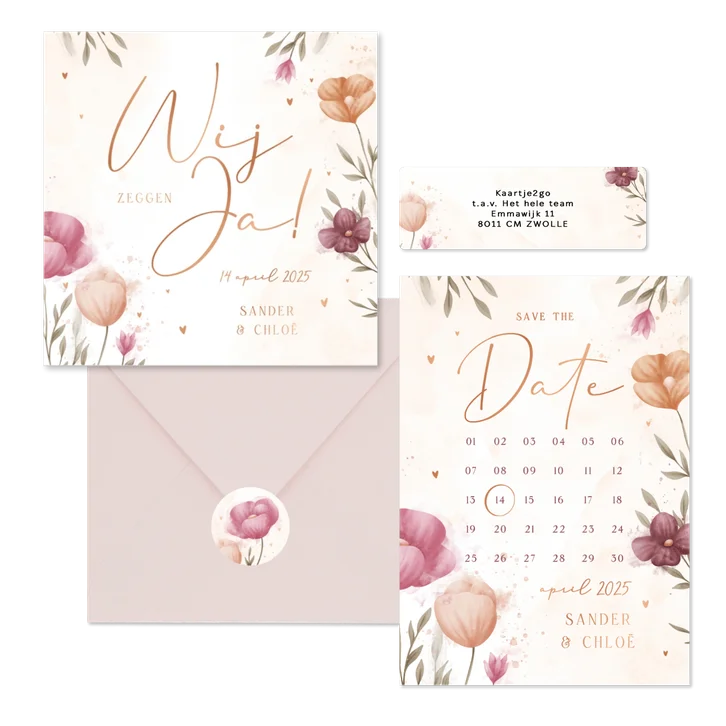 Trouwset waterverf bloemen en koperen hartjes