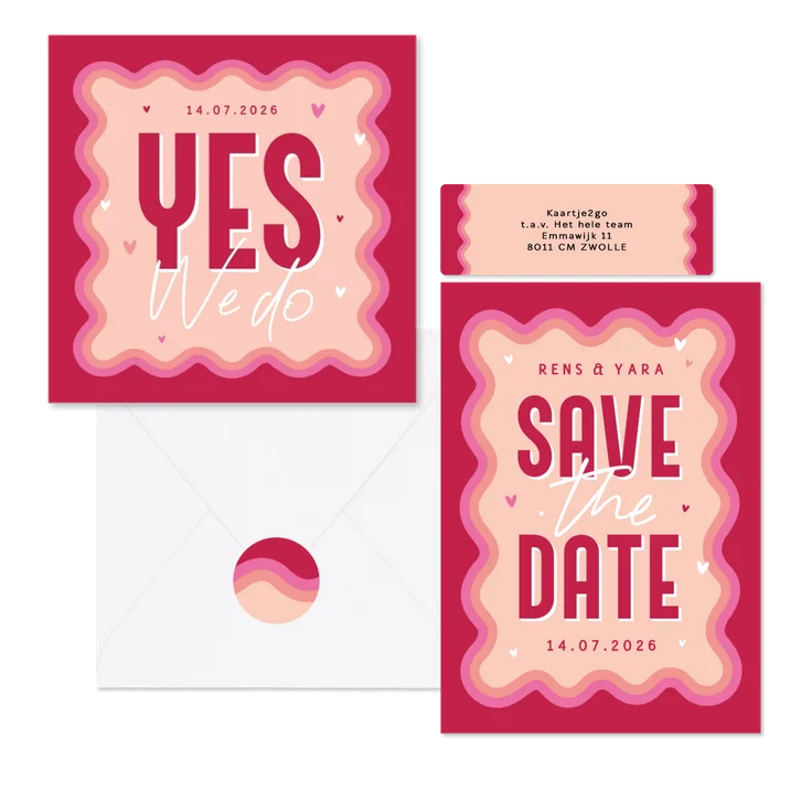 Retro grafische trouwset golvende lijnen roze