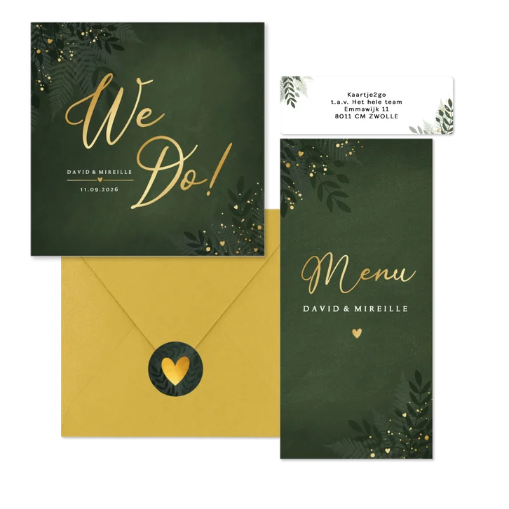 Stijlvolle donkergroene trouwset jungle met goud
