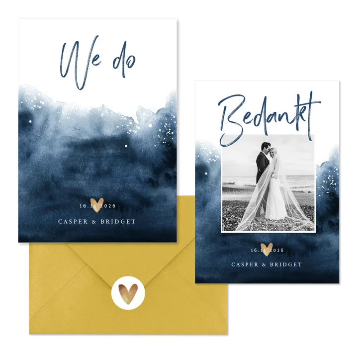 Hippe trouwset blauwe verf en spetters 