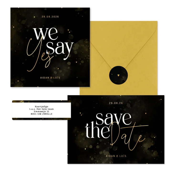 Stijlvolle trouwset zwart en goud met waterverf