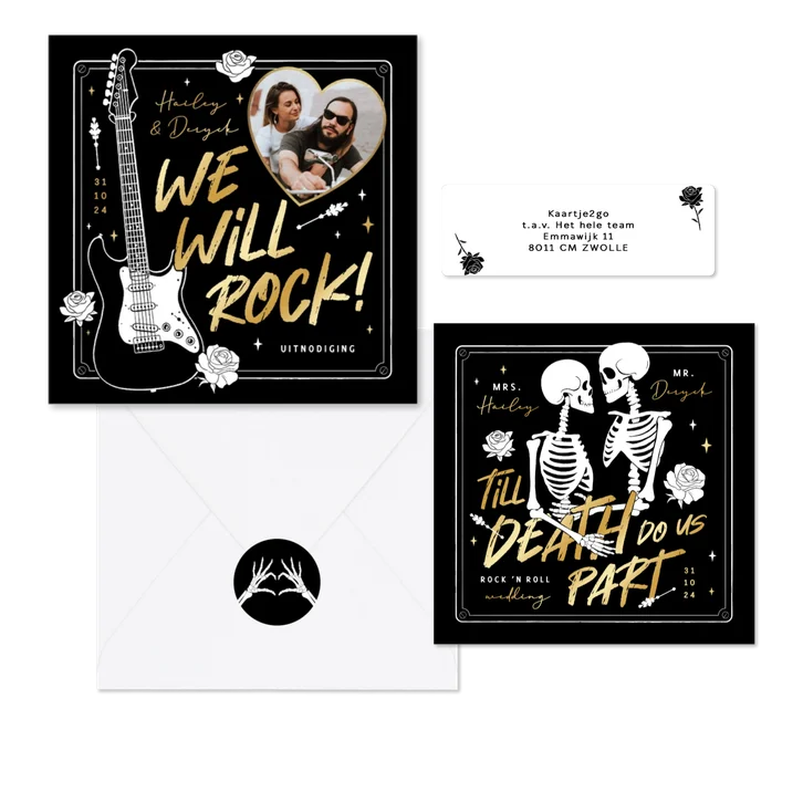 Trouwkaarten stoer Rock n Roll metal alternatief zwart