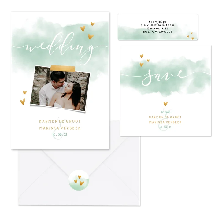 Waterverf trouwkaartenset in pastel groen met hartjes