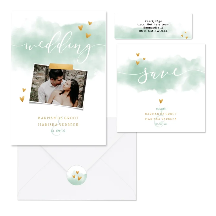 Waterverf trouwkaartenset in pastel groen met hartjes
