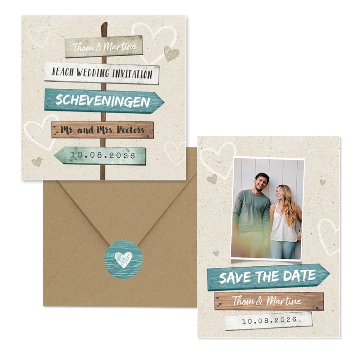 Wegwijzer trouwkaartenset in strandthema