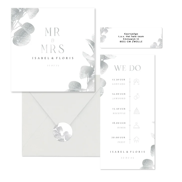 Trouwset met zilveren eucalyptustak