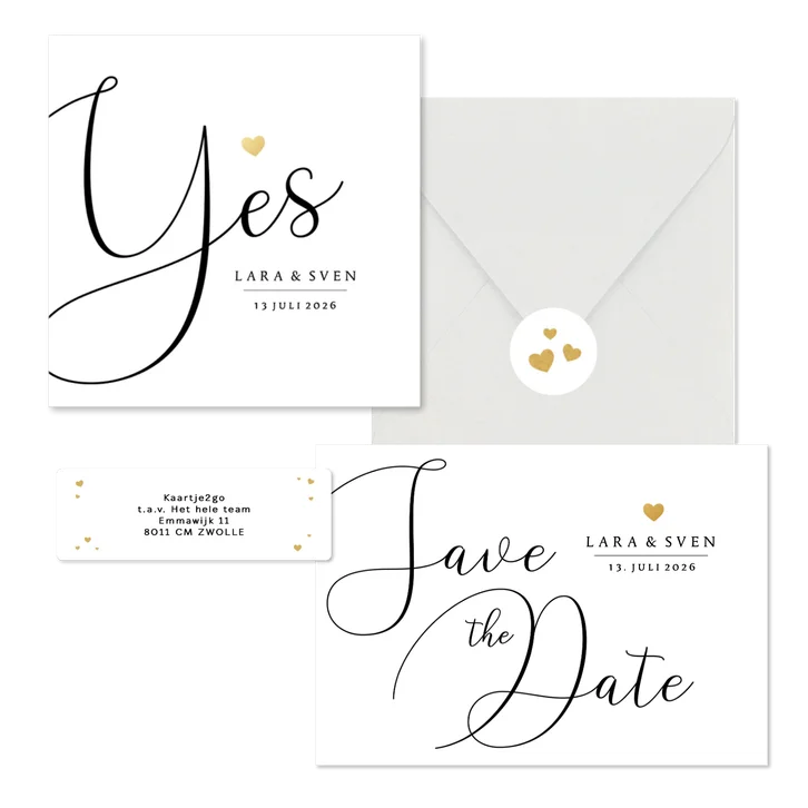 Trouwkaarten set stijlvol gouden hartje