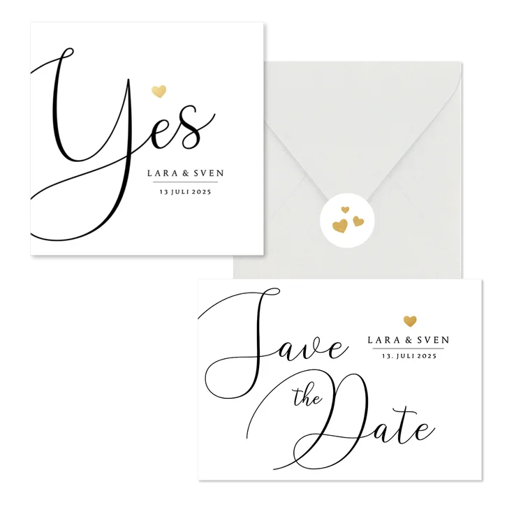 Trouwkaarten set stijlvol gouden hartje