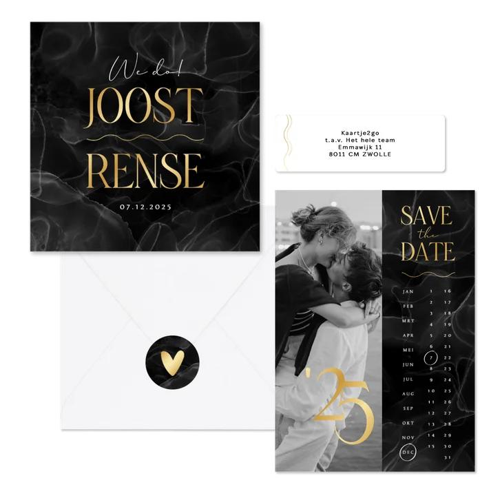 Trouwset chic marmer zwart goud typografisch