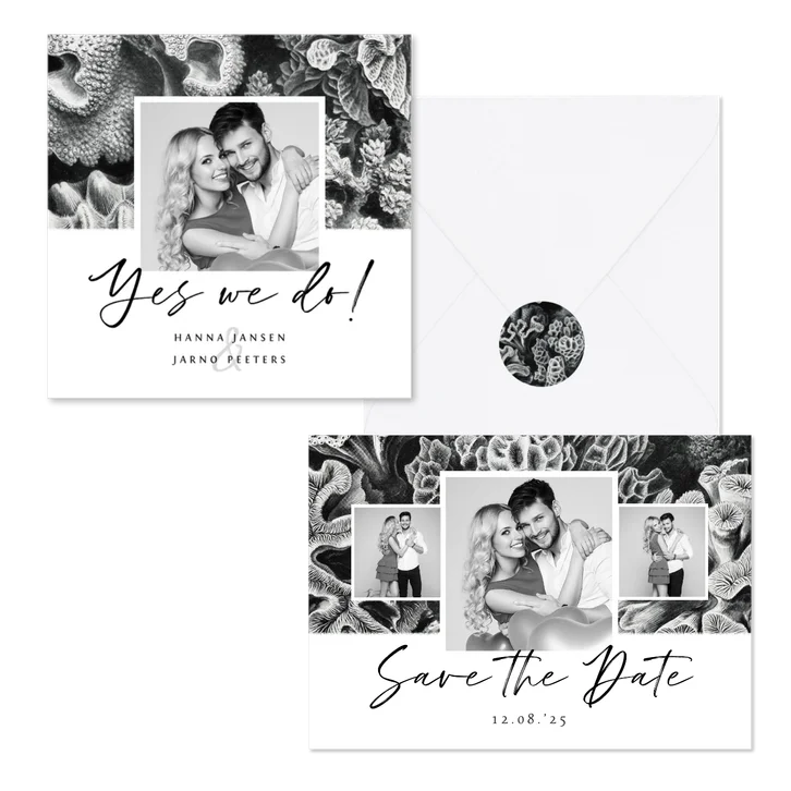 Trouwset zwart wit met koraal illustraties