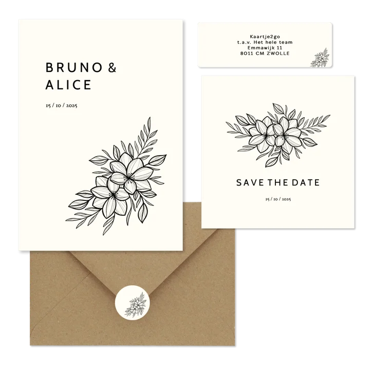 Trouwset zwarte lijntekening van bloemen