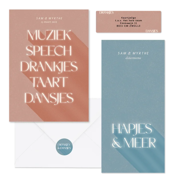 Trouwset drankjes & dansjes in roze en blauw