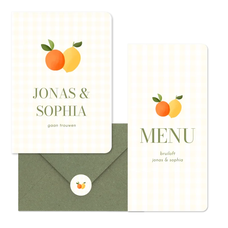 Trouwen geel ruitjespatroon met citroen en mandarijn