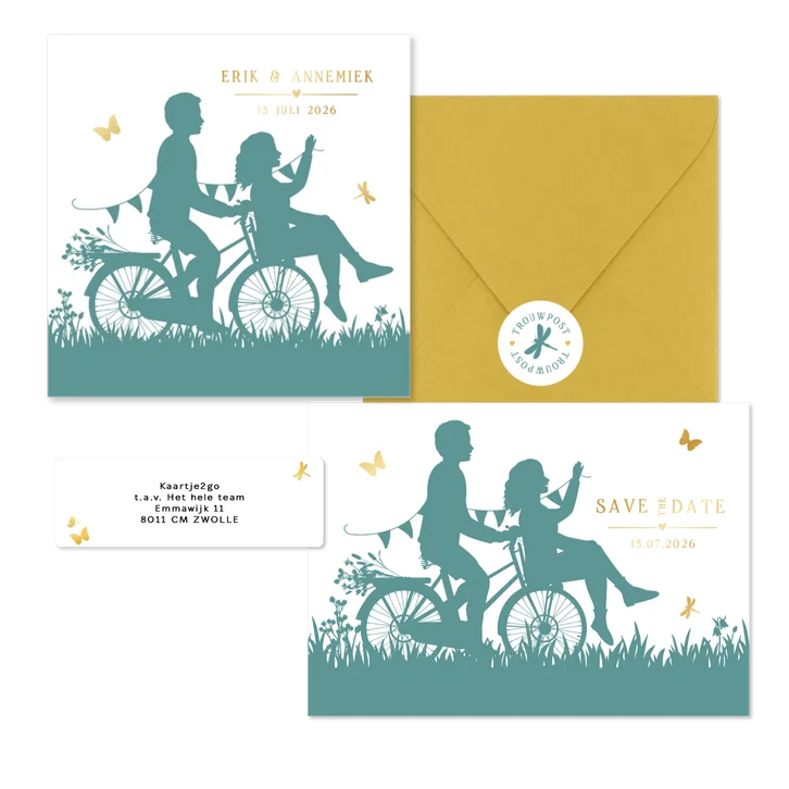 Trouwset silhouet van koppel op de fiets