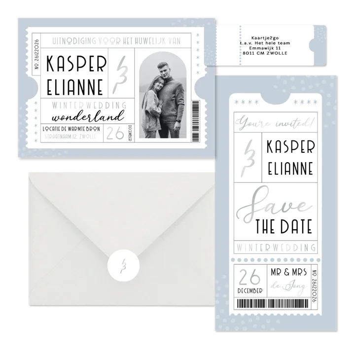 Trouwset blauwe winter wedding ticket 