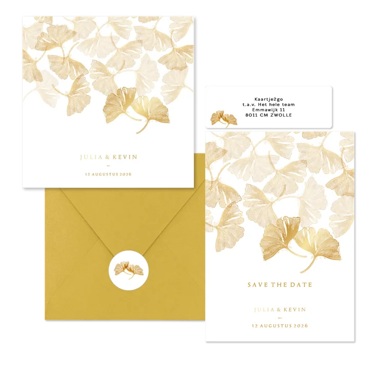 Trouwkaarten set Ginko bladeren in goudlook