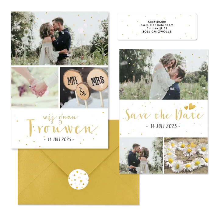 Trouwset fotocollage gouden confetti, hartjes