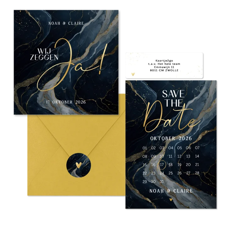 Trouwset marmer donkerblauw en gouden details