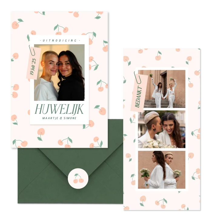 Trouwset met vrolijke kersjes in oranje roze en groen