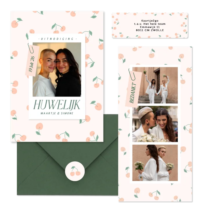 Trouwset met vrolijke kersjes in oranje roze en groen