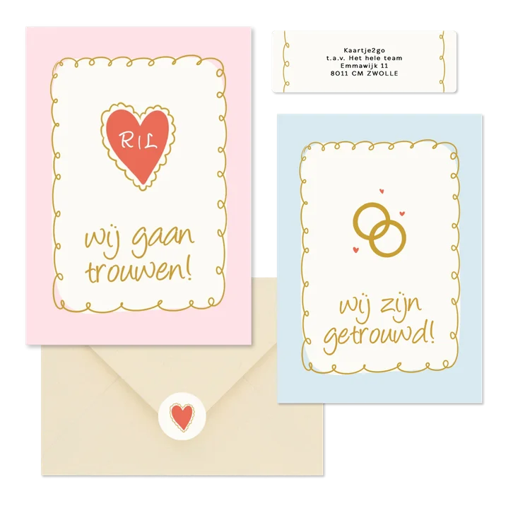 Vrolijke trouwkaartenset met doodle illustraties