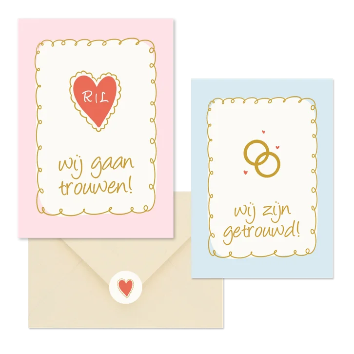 Vrolijke trouwkaartenset met doodle illustraties