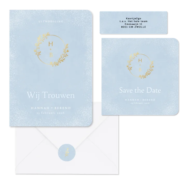 Trouwset winter blauw met ornament, initialen