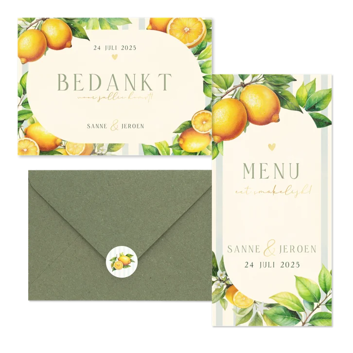 Zomerse trouwset met citroenen, blaadjes en streepjes